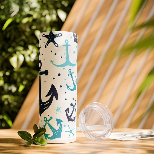 Nautical Skinny Tumbler with Straw | 20oz Beverage Cup for Summer Adventures, Beach Parties, Gifts for Sailors, Travel Mug, Coastal Decor